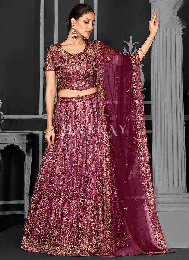 Maroon Sequins Embroidery Bridal Lehenga Choli