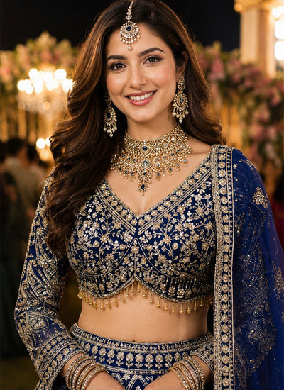 Royal Blue Embroidery Net Wedding Lehenga Choli