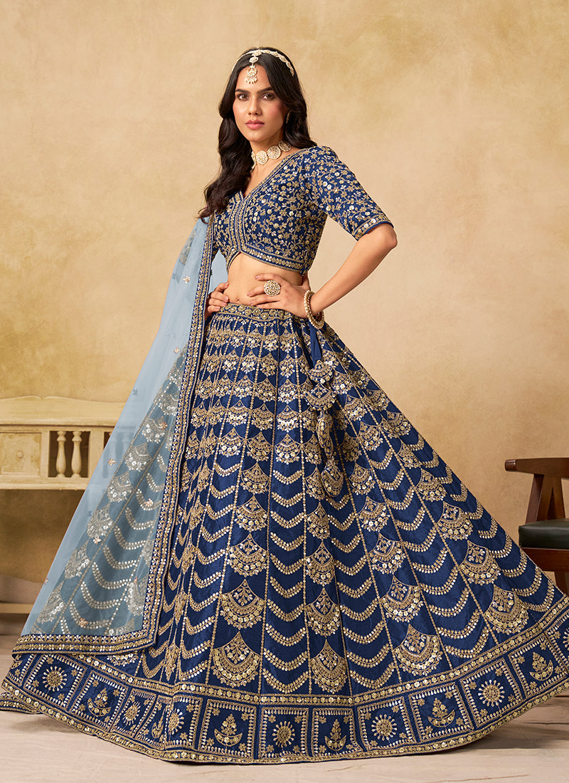 Dark Blue Traditional Embroidery Wedding Lehenga Choli
