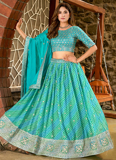 Teal Blue Embroidered Silk Lehenga Choli