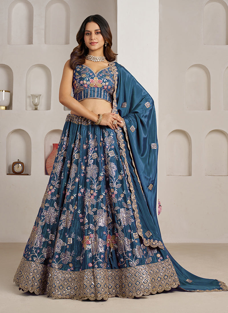Teal Blue Multi Embroidery Bridal Lehenga Choli