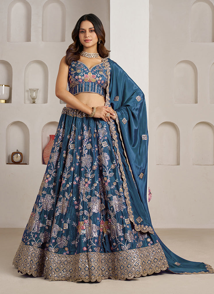 Teal Blue Multi Embroidery Bridal Lehenga Choli