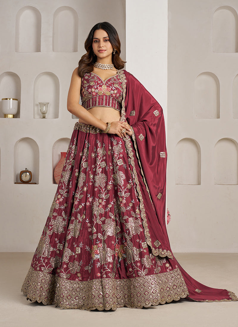 Dark Maroon Multi Embroidery Bridal Lehenga Choli