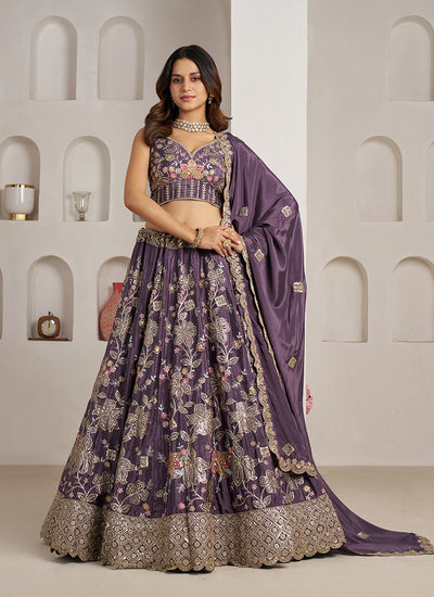 Deep Purple Multi Embroidery Bridal Lehenga Choli