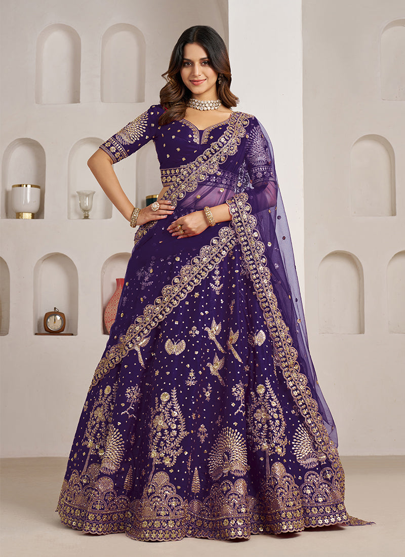 Dark Purple Traditional Embroidered Wedding Lehenga Choli