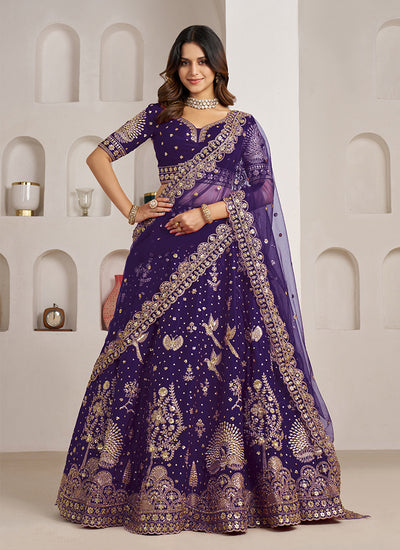 Dark Purple Traditional Embroidered Wedding Lehenga Choli