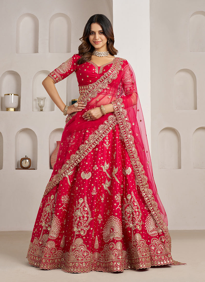 Crimson Pink Traditional Embroidered Wedding Lehenga Choli