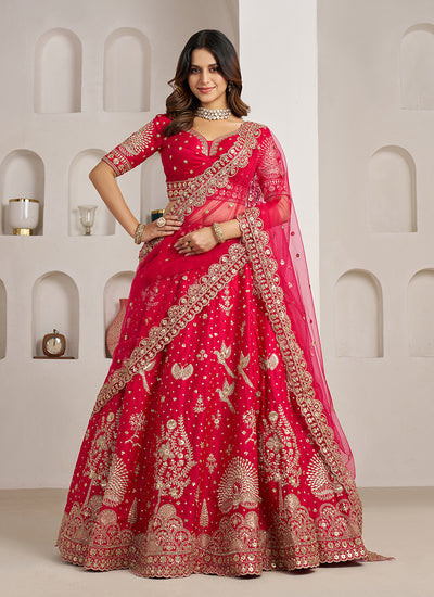 Crimson Pink Traditional Embroidered Wedding Lehenga Choli