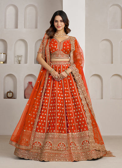 Orange Embroidery Bridal Lehenga Choli