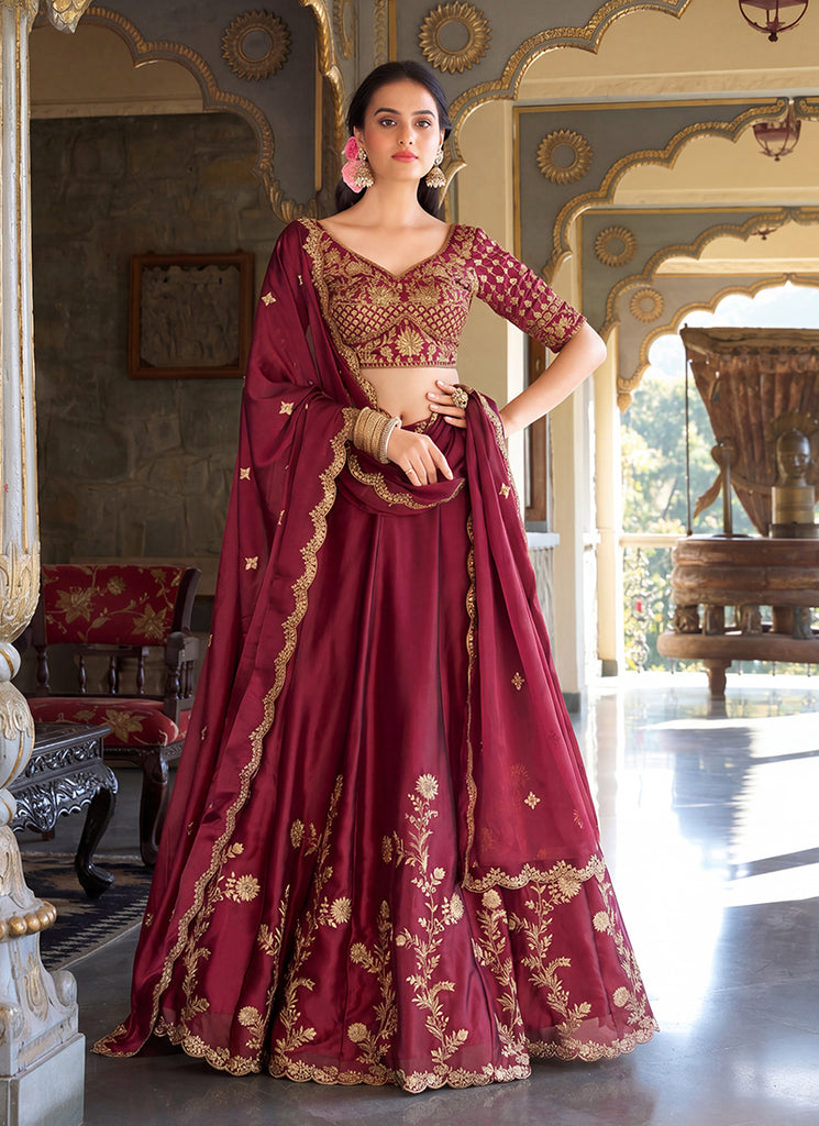Rustic Red Sequins Embroidered Silk Lehenga Choli
