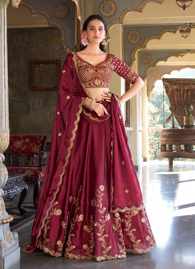 Rustic Red Sequins Embroidered Silk Lehenga Choli