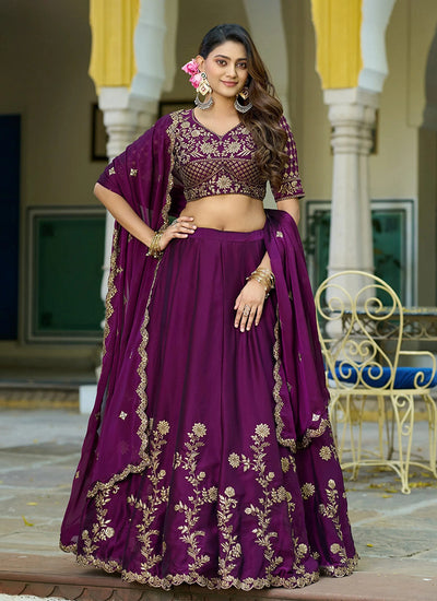 Wine Purple Embroidered Partywear Lehenga Choli