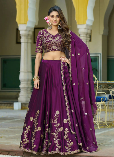 Wine Purple Embroidered Partywear Lehenga Choli