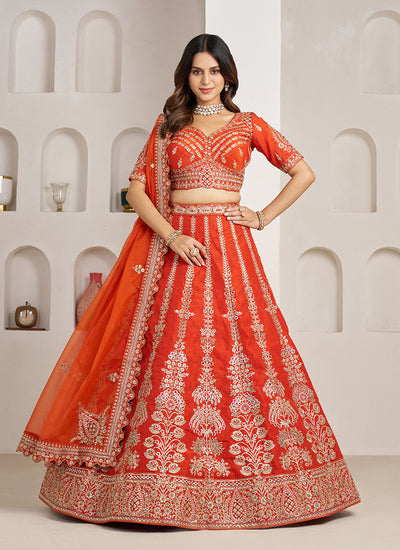 Rust Orange Embroidery Bridal Lehenga Choli