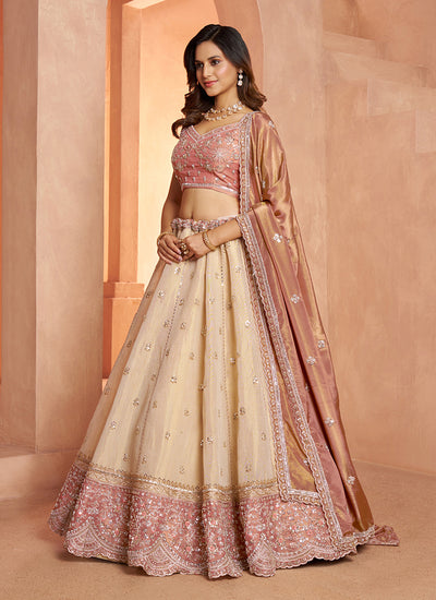 Ivory Peach Traditional Embroidered Wedding Lehenga Choli