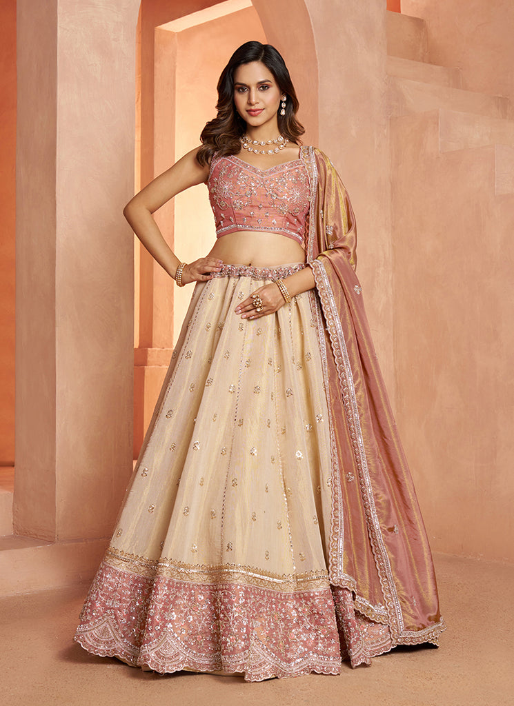 Ivory Peach Traditional Embroidered Wedding Lehenga Choli