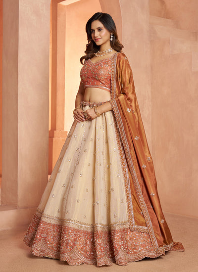 Ivory Rust Traditional Embroidered Wedding Lehenga Choli