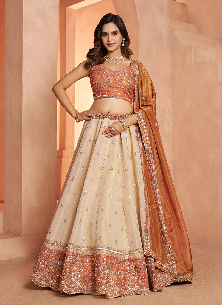 Ivory Rust Traditional Embroidered Wedding Lehenga Choli