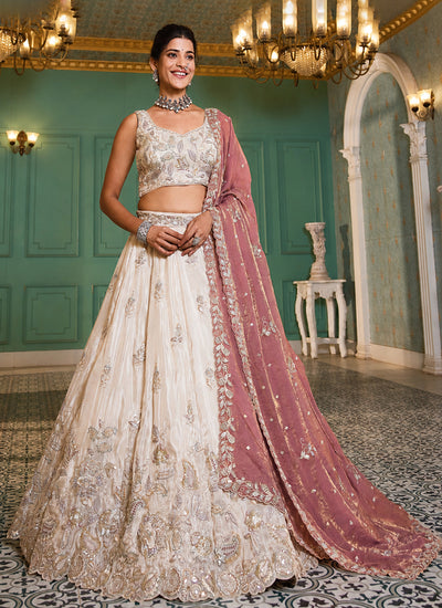 Off White And Mauve Embroidered Bridal Lehenga Choli