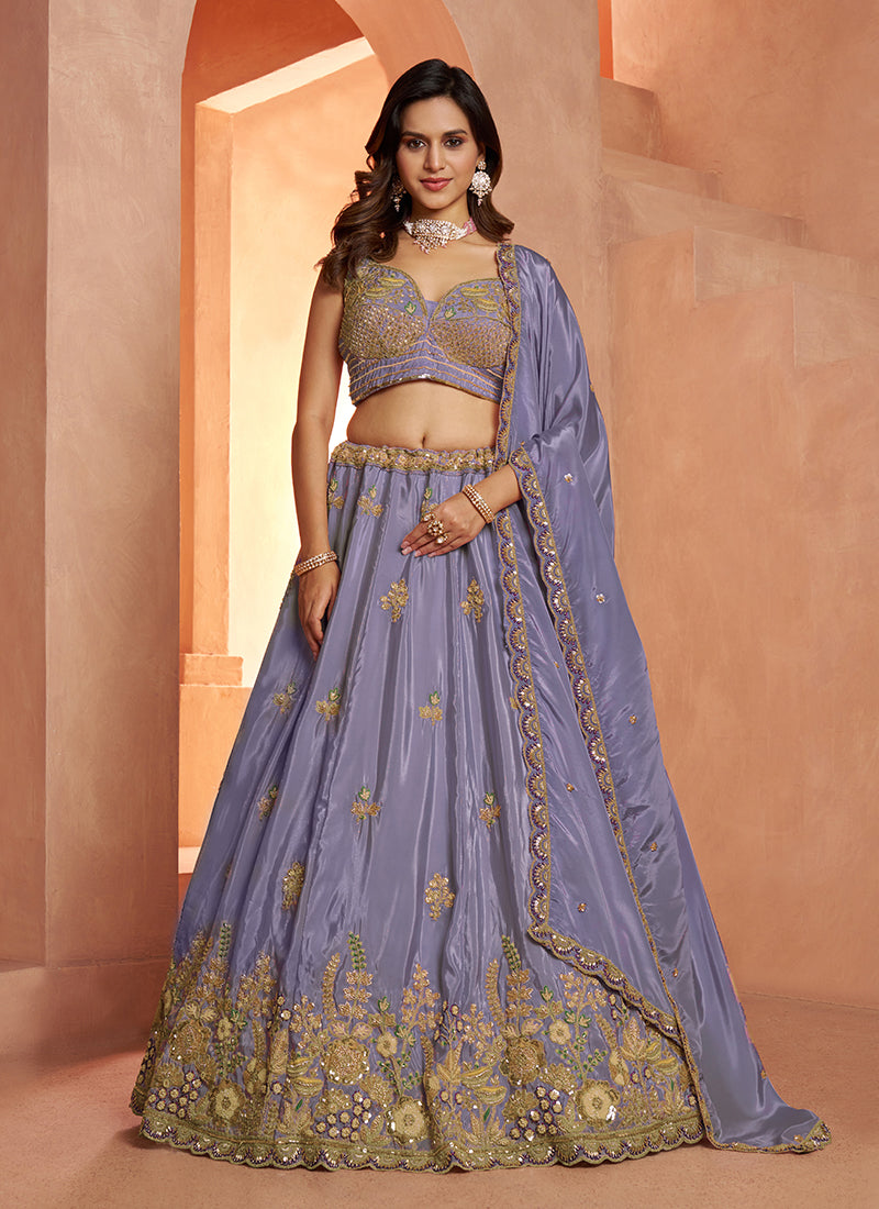 Lavender Traditional Embroidered Wedding Lehenga Choli