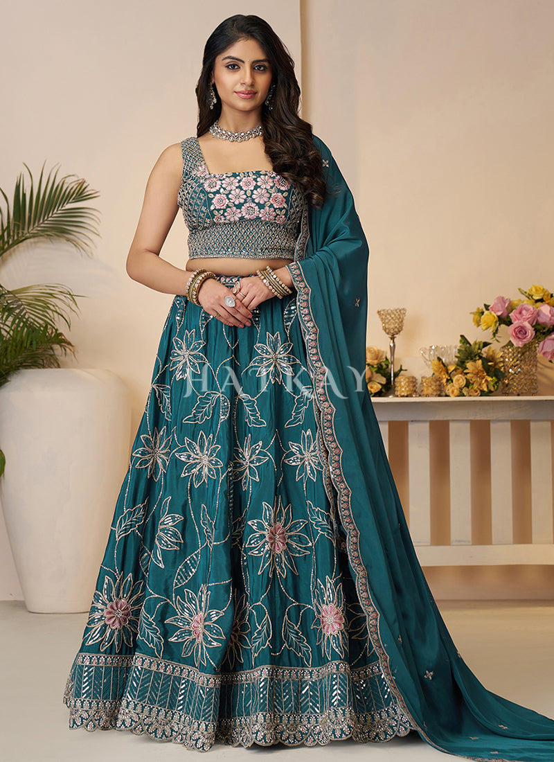 Turquoise Traditional Embroidery Bridal Lehenga Choli