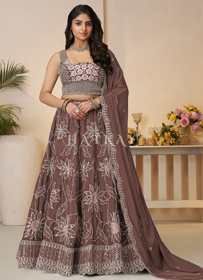 Deep Brown Traditional Embroidery Bridal Lehenga Choli