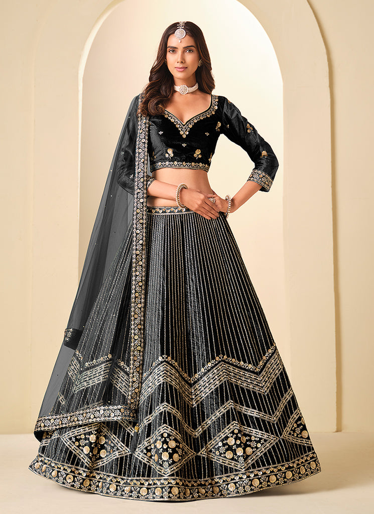 Black Sequins Embroidery Velvet Lehenga Choli