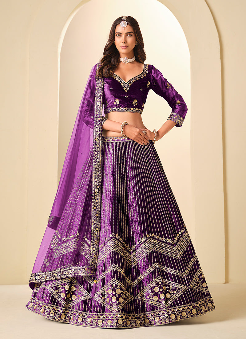 Purple Sequins Embroidery Velvet Lehenga Choli