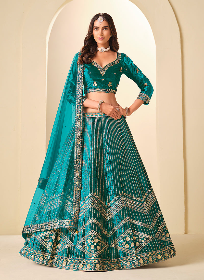 Turquoise Sequins Embroidery Velvet Lehenga Choli