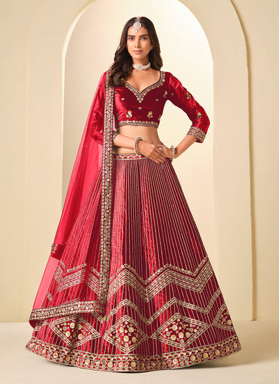 Red Sequins Embroidery Velvet Lehenga Choli