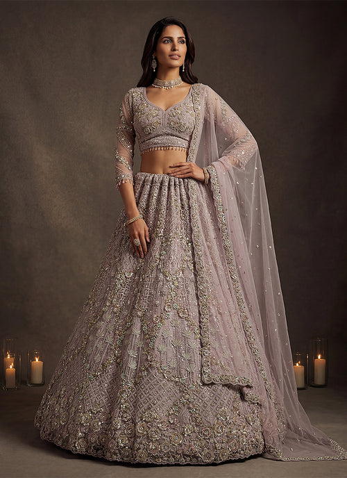 Mauve Purple Traditional Embroidered Wedding Lehenga Choli