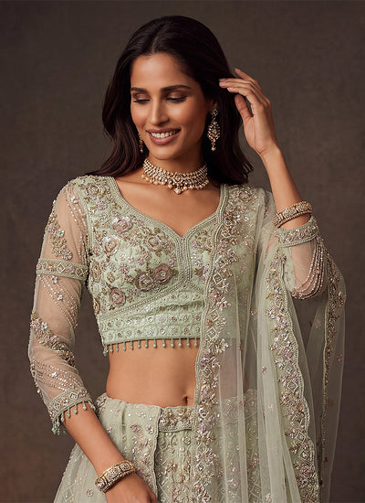 Sage Green Traditional Embroidered Wedding Lehenga Choli