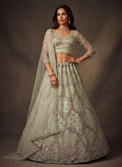 Sage Green Traditional Embroidered Wedding Lehenga Choli