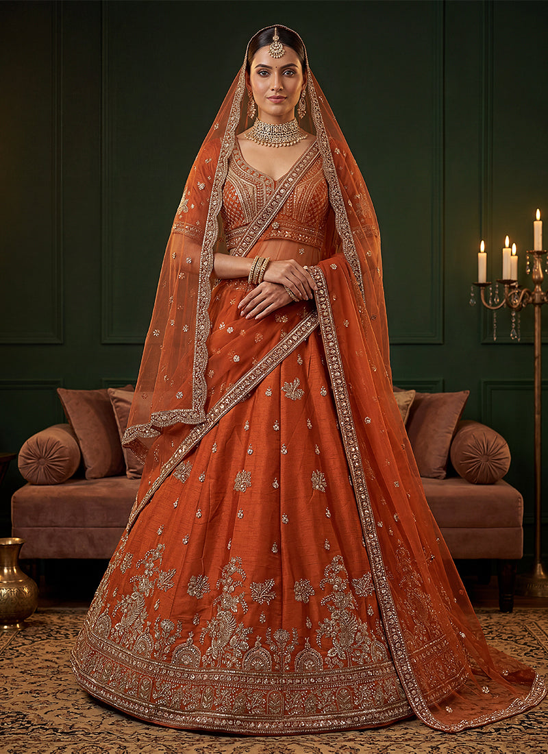 Orange Traditional Embroidered Lehenga Choli