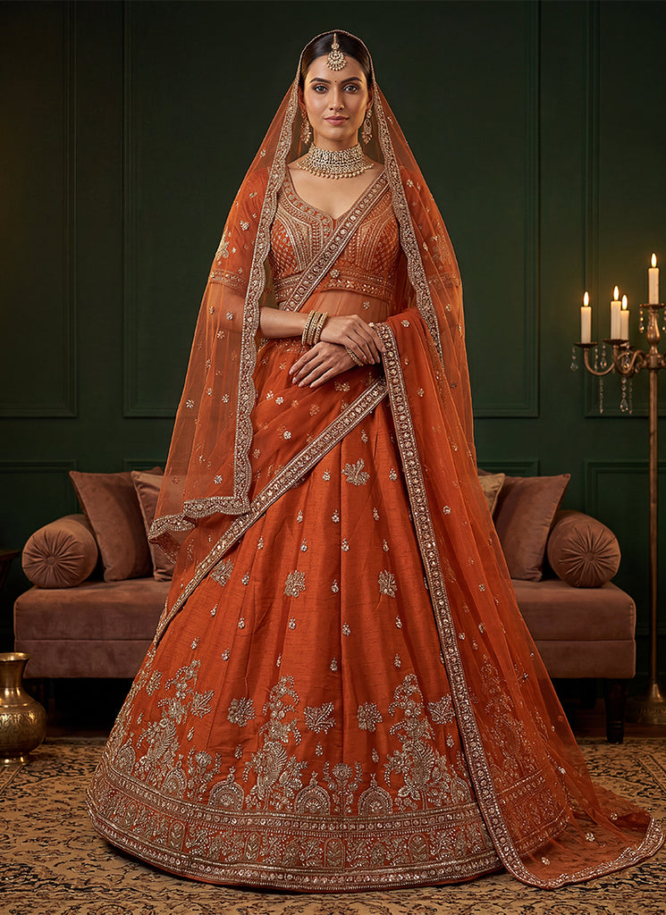 Orange Traditional Embroidered Lehenga Choli