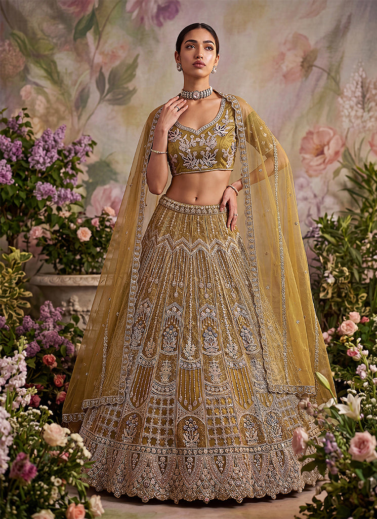 Olive Green Embroidered Net Lehenga Choli