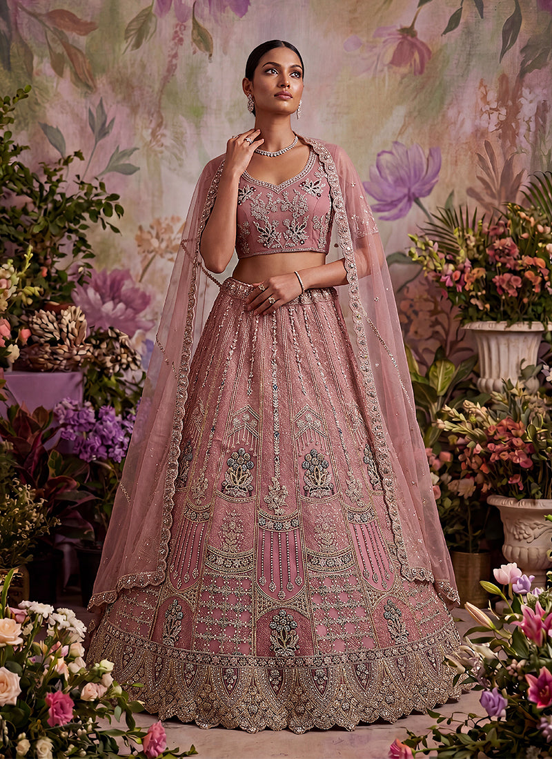 Rose Pink Embroidered Net Lehenga Choli