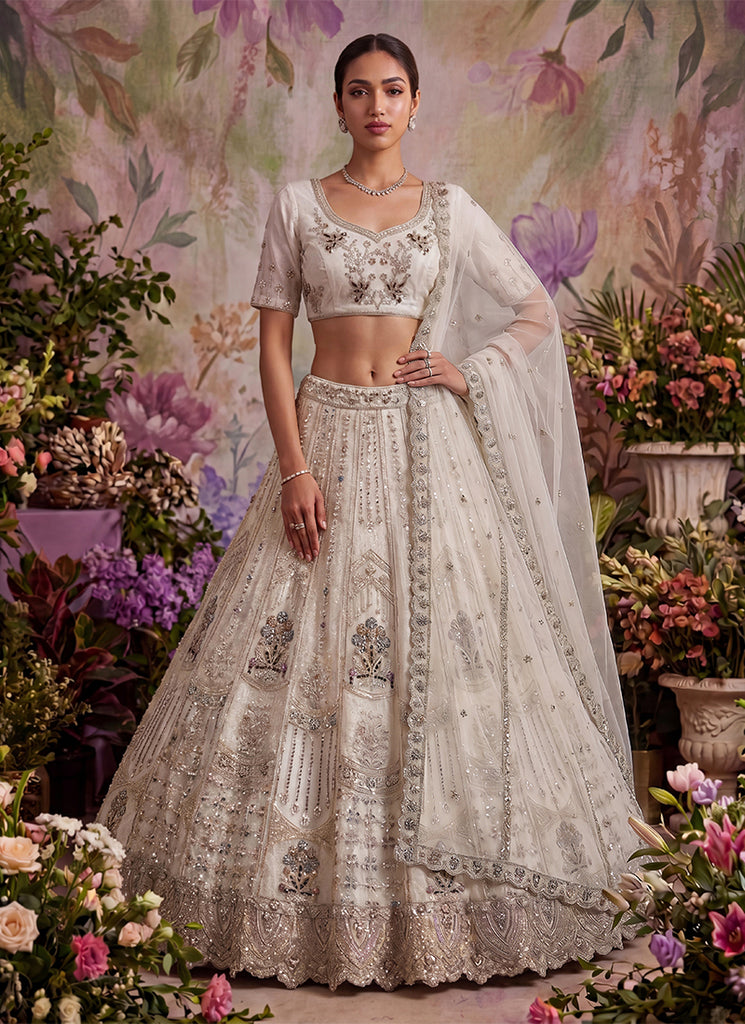 Off White Embroidered Net Lehenga Choli