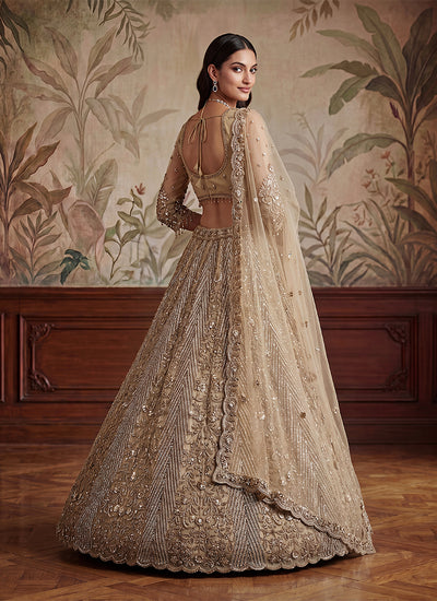 Beige Golden Sequins Embroidered Wedding Lehenga Choli