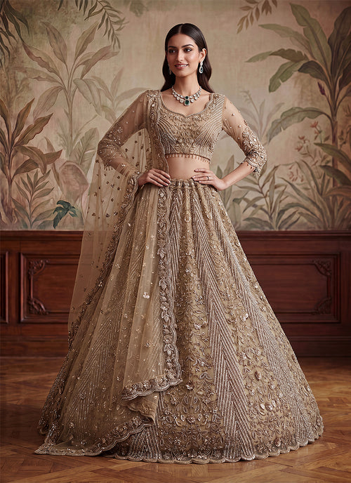 Beige Golden Sequins Embroidered Wedding Lehenga Choli