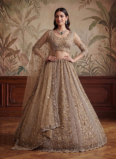 Beige Golden Sequins Embroidered Wedding Lehenga Choli