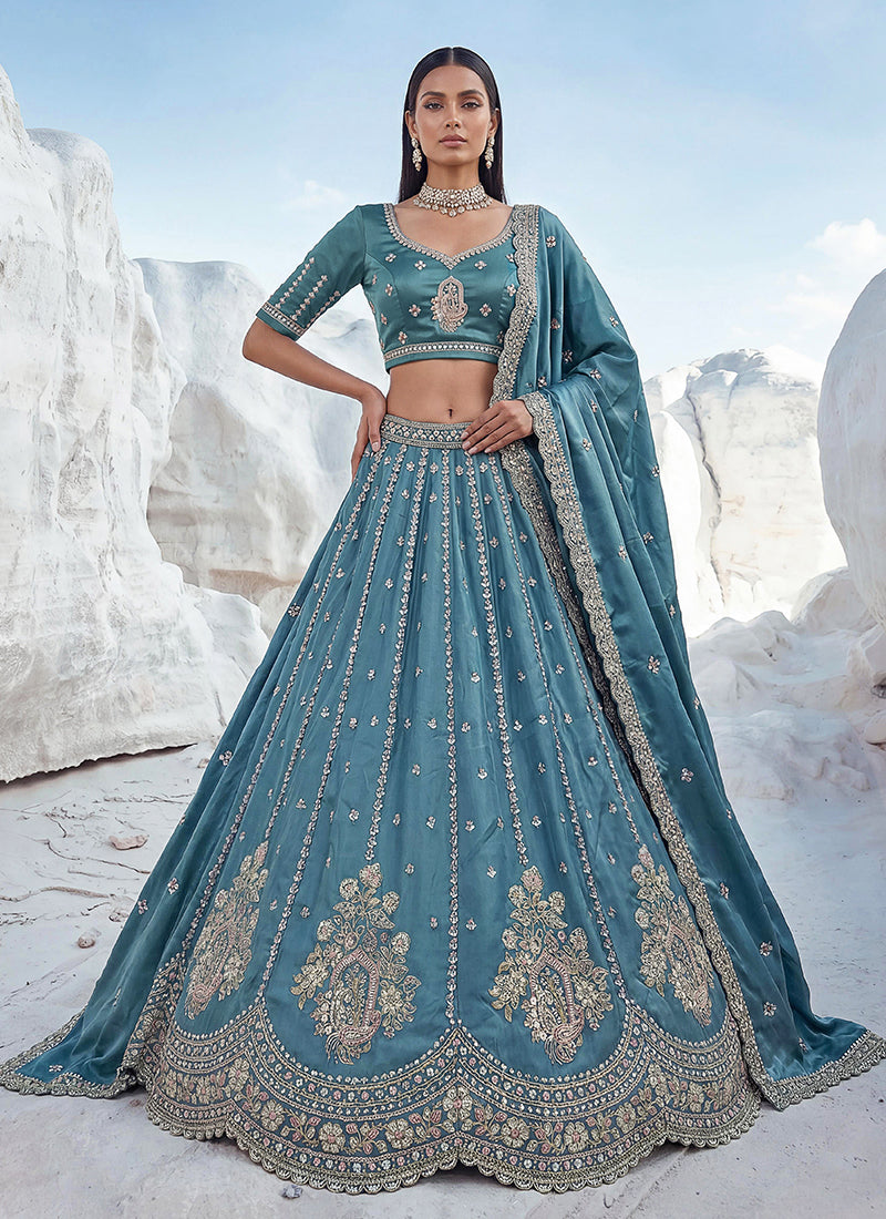 Aqua Blue Sequins Embroidered Wedding Lehenga Choli