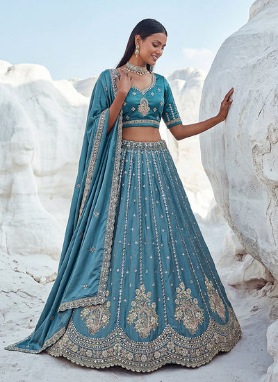 Aqua Blue Sequins Embroidered Wedding Lehenga Choli