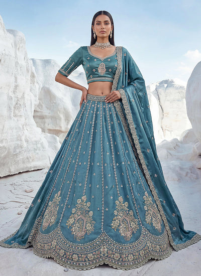 Aqua Blue Sequins Embroidered Wedding Lehenga Choli