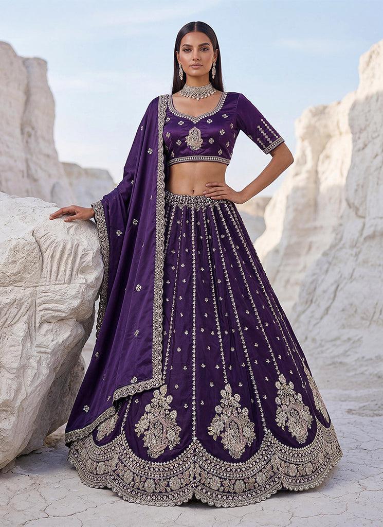 Purple Sequins Embroidered Wedding Lehenga Choli