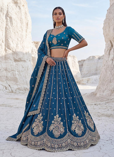 Teal Blue Sequins Embroidered Wedding Lehenga Choli