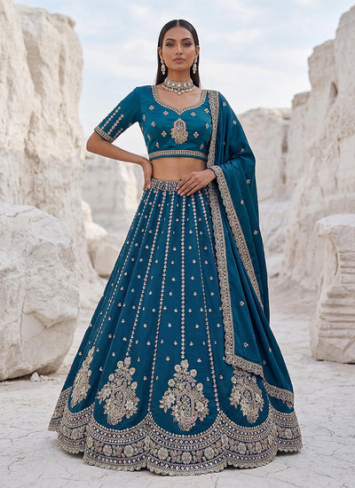 Teal Blue Sequins Embroidered Wedding Lehenga Choli