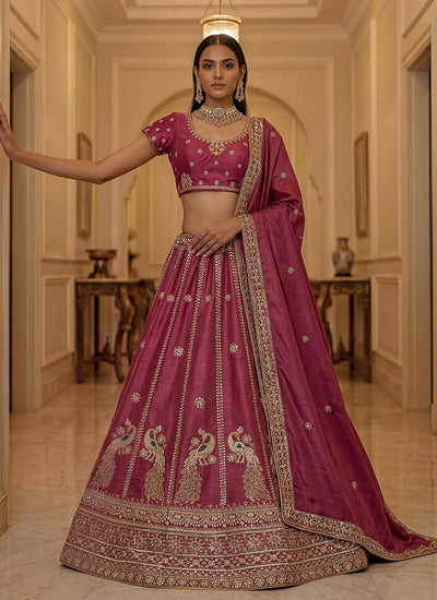 Rose Pink Embroidered Silk Wedding Lehenga Choli