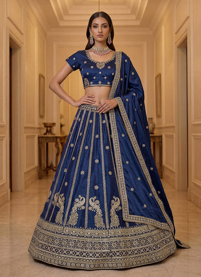 Royal Blue Embroidered Silk Wedding Lehenga Choli