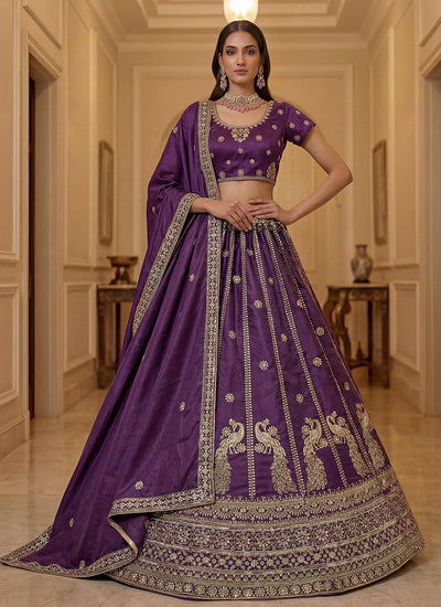 Purple Embroidered Silk Wedding Lehenga Choli